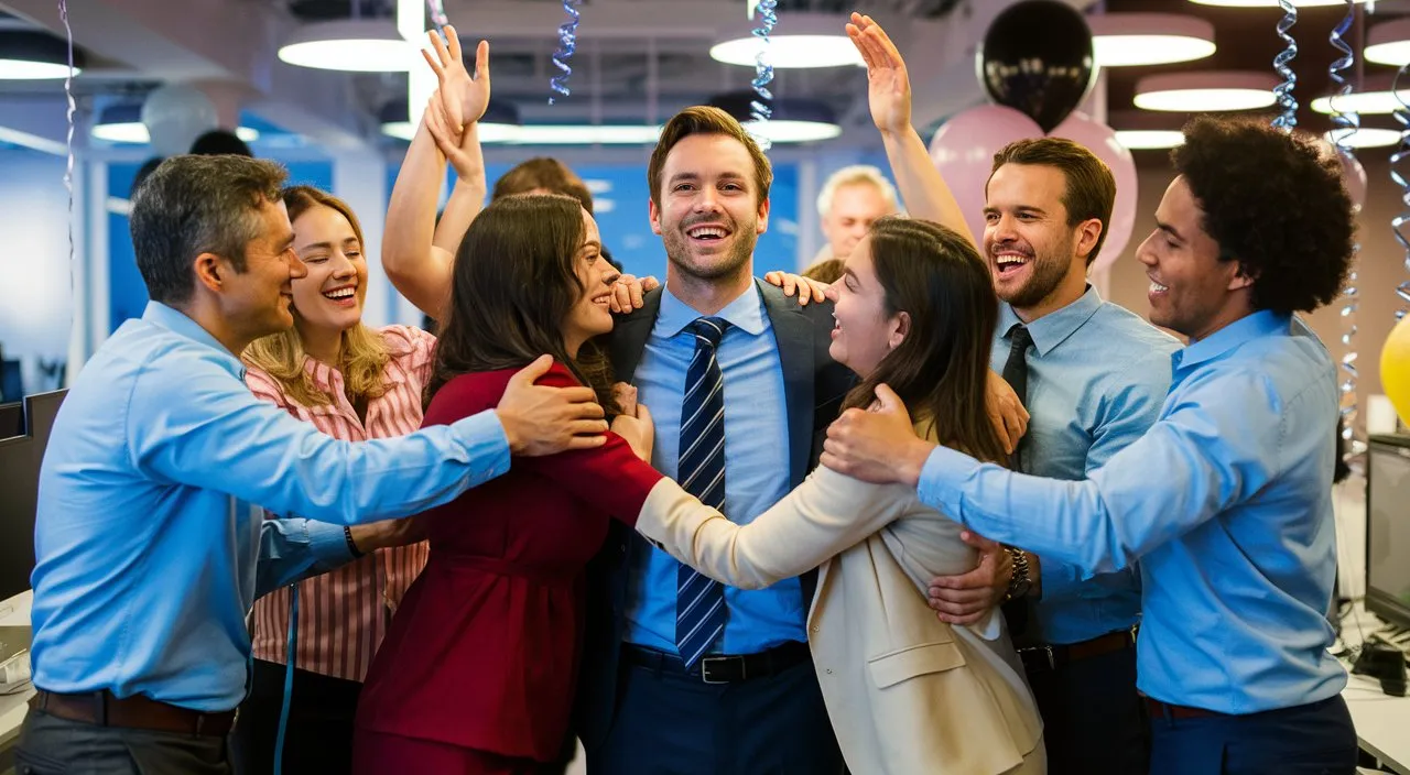 image of man celebrating successes with smiles, hugs and congratulations from friends and colleagues.