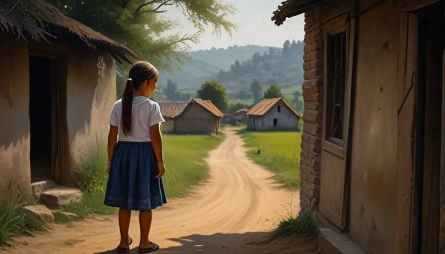 a painting of a little girl standing in front of a dirt road