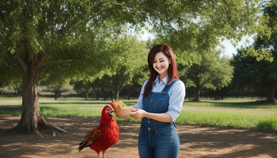 a woman in overalls feeding a rooster in a park