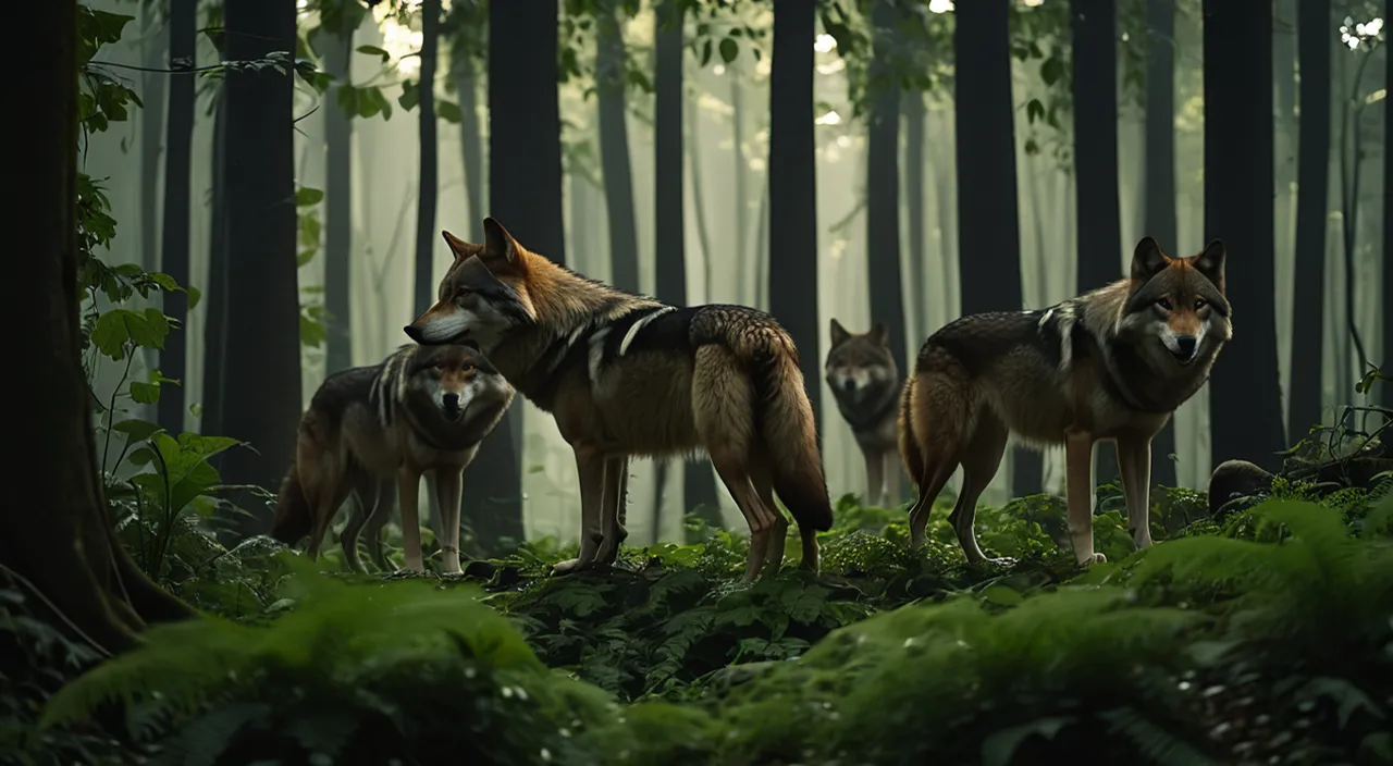 a group of three wolfs standing in a forest