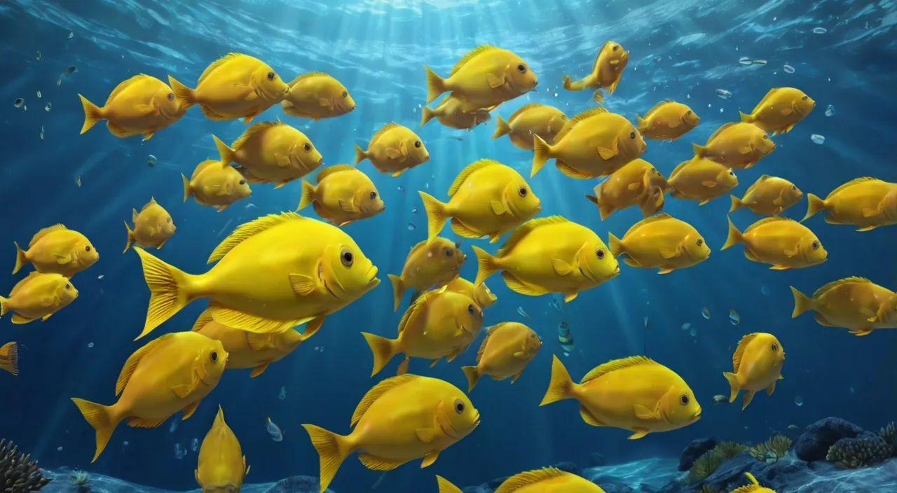 a school of yellow fish swimming in the ocean