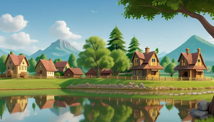 a painting of a small village by a lake