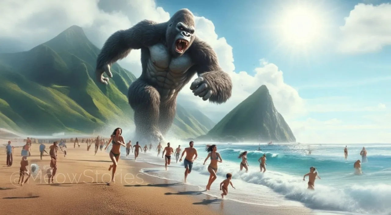 a group of people running on a beach next to a giant gorilla