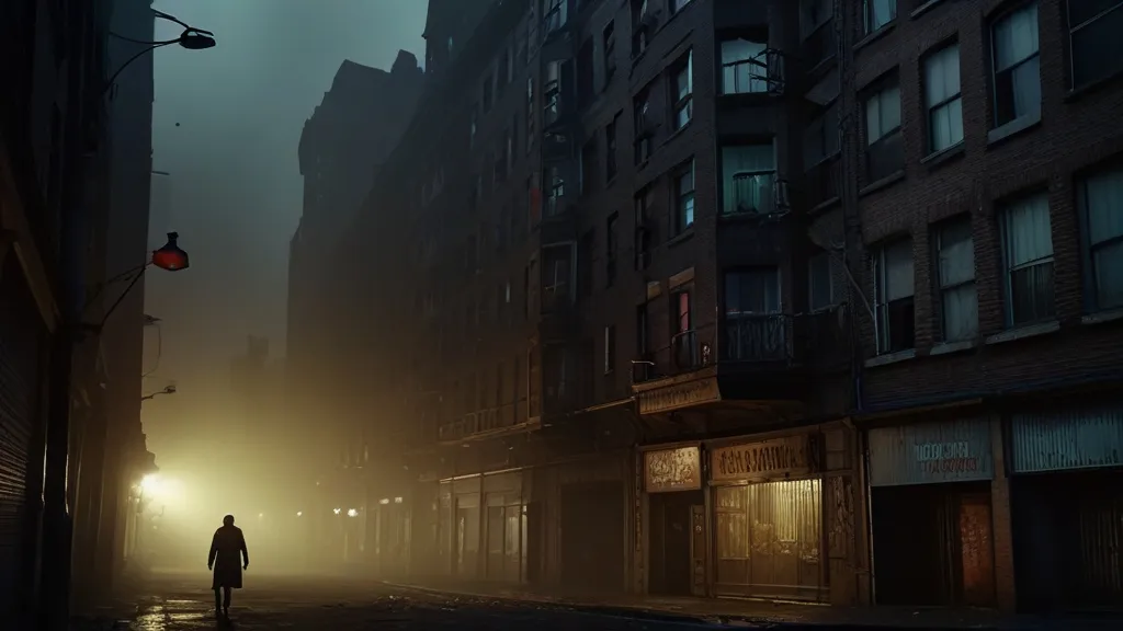 a man walking down a street at night