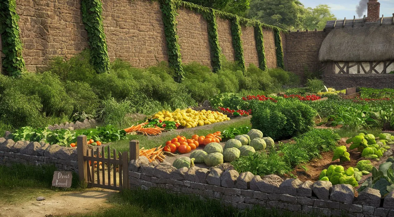 a garden filled with lots of vegetables next to a stone wall