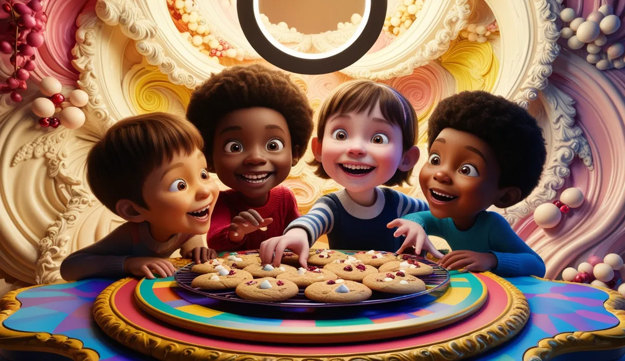 a group of children standing around a plate of cookies