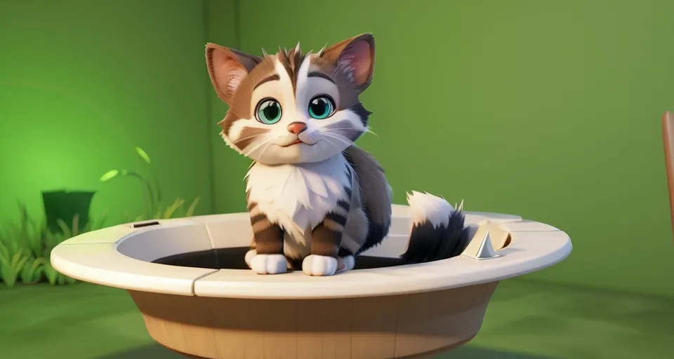 a cartoon cat sitting in a potted planter