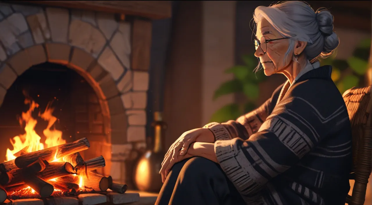 an elderly woman sitting in front of a fireplace