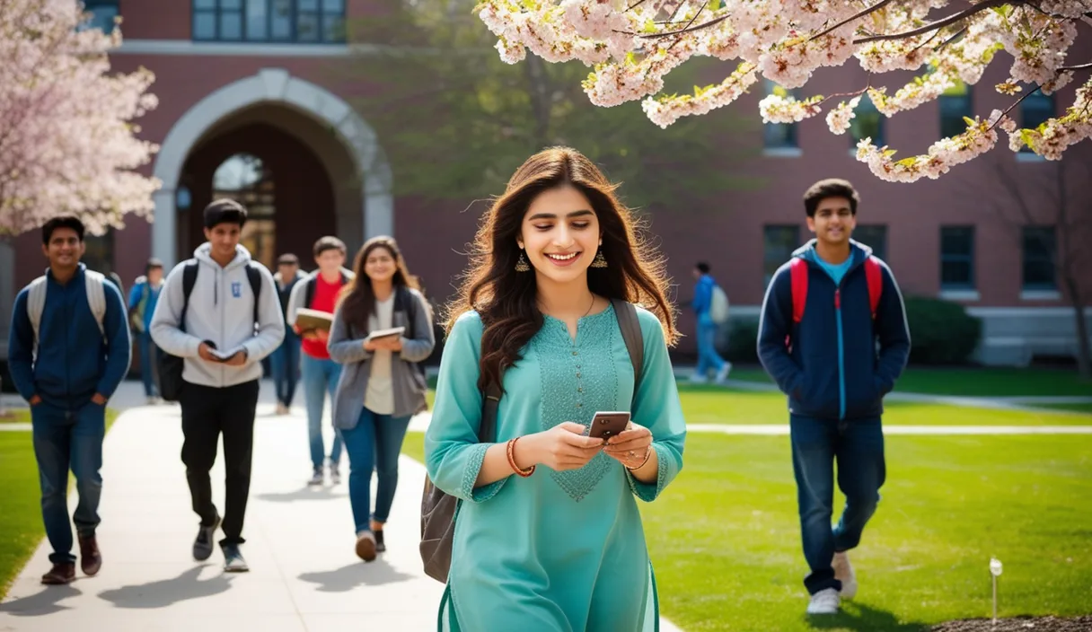 Campus Serenade: On a university campus, a Pakistani girl walking under a blossoming tree, a Bollywood song softly playing from her phone. The 4K wide shot captures students walking by and studying, but her smile and dreamy gaze reveal she is thinking about her boyfriend, who is attending a university in the United States, lost in her own romantic world.