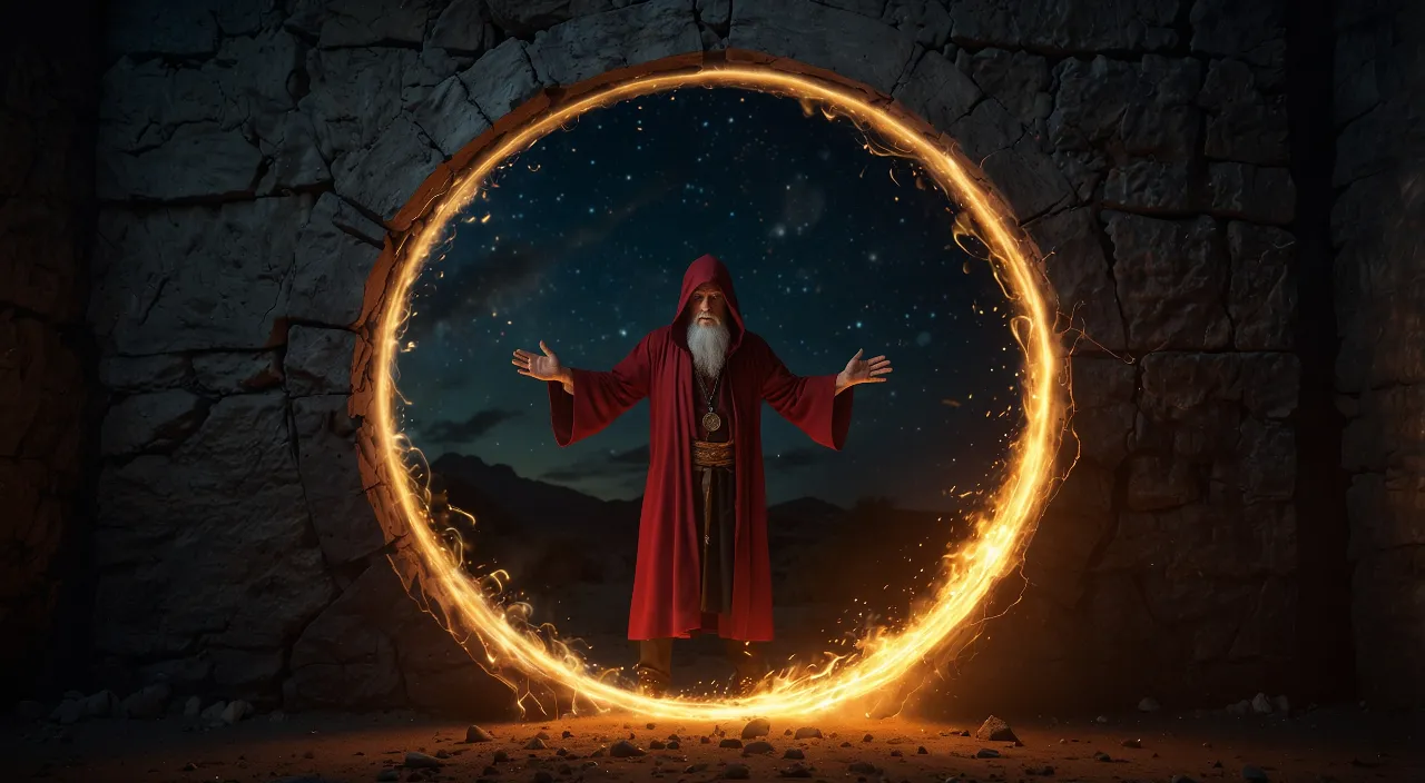 a wizard standing in front of a circle of fire