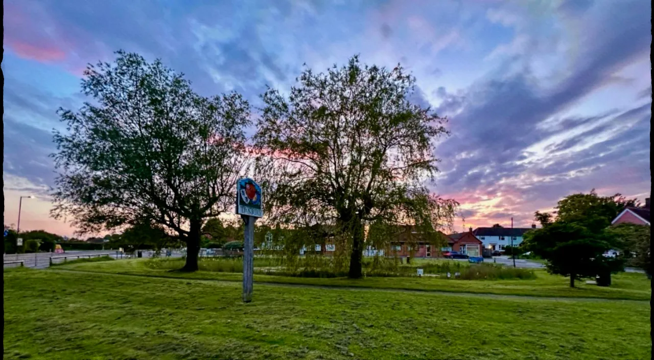 a grassy field with trees and a street sign with people dancing