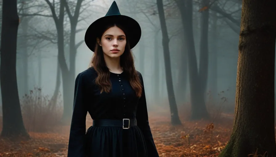 a woman in a witch costume standing in a forest