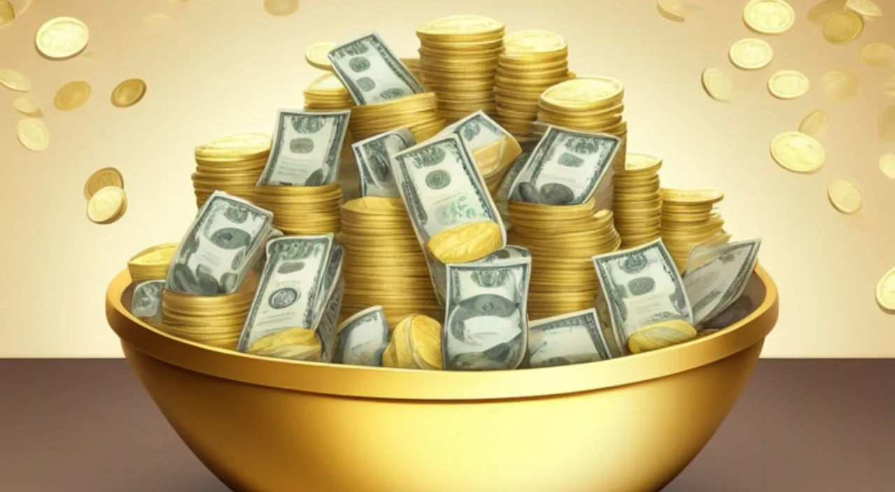 Create a coin bowl and behand pile of dollar cash with golden background, 8k, size of 1920x1080, colorful
