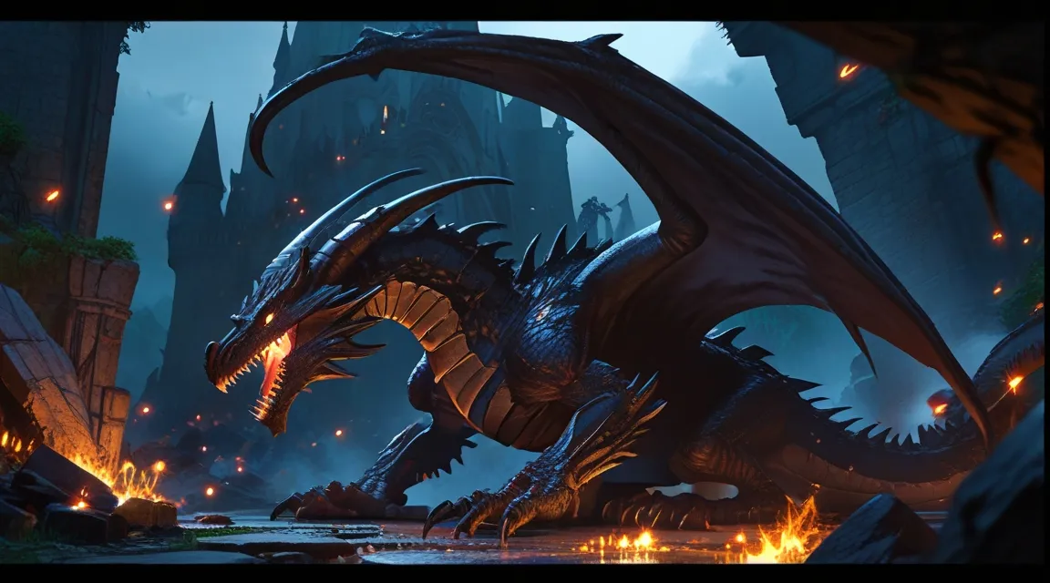 a large dragon standing in front of a castle