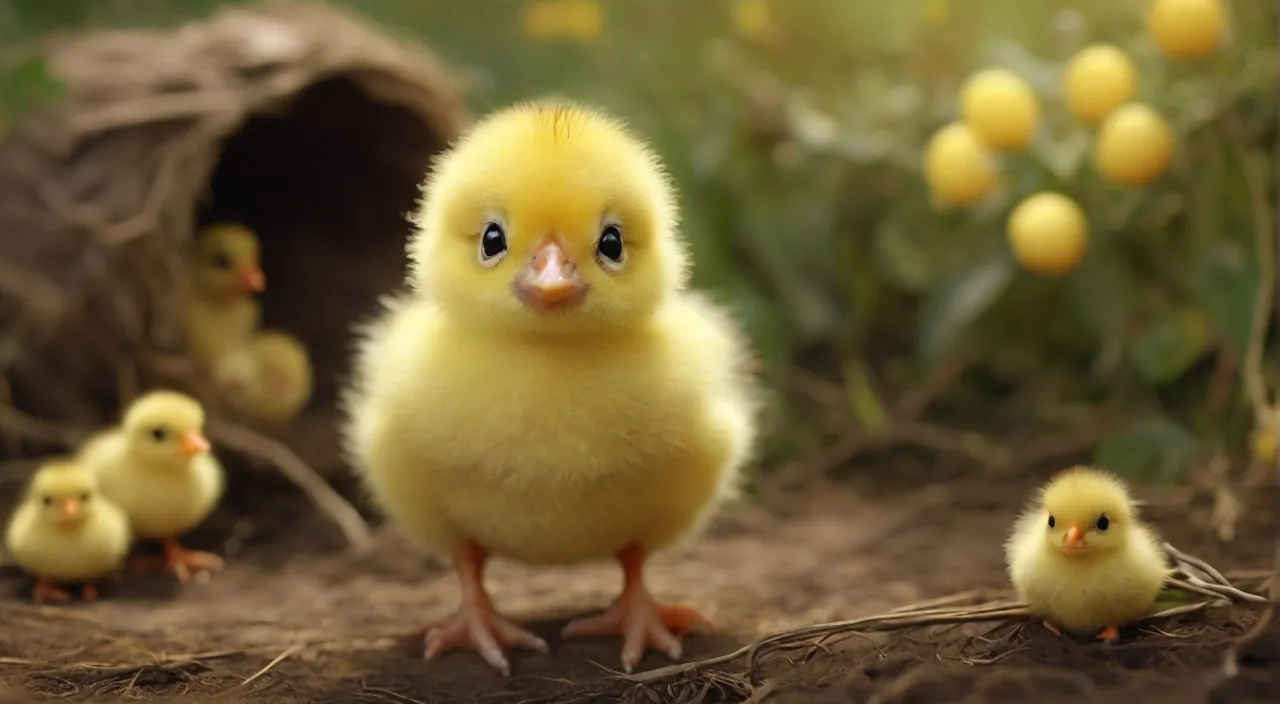 a group of small yellow chicks standing next to each other