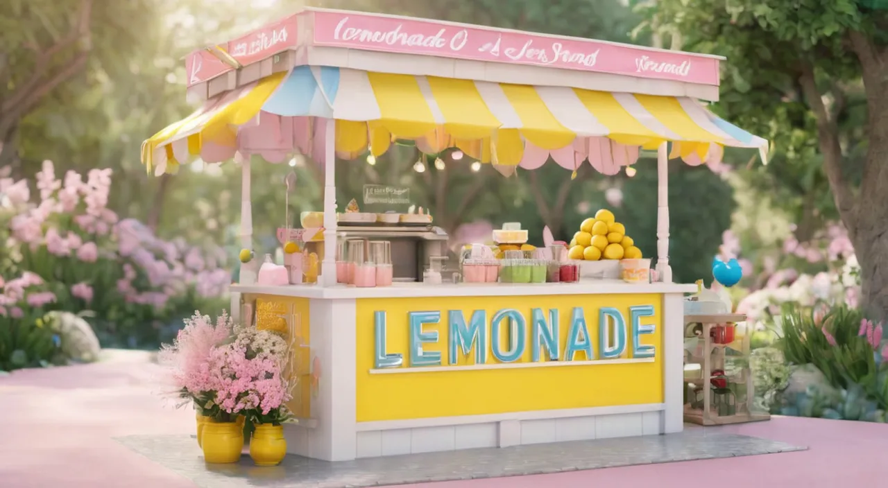 a lemonade stand with a yellow and white awning