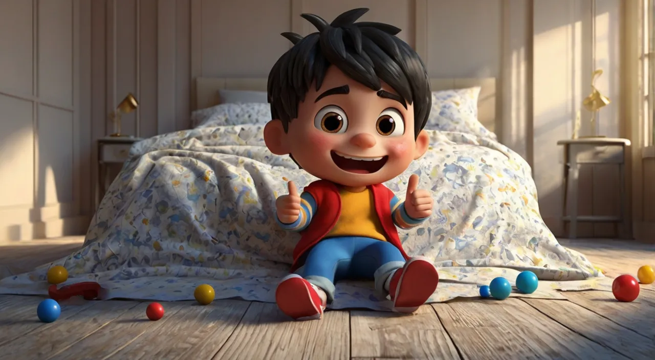 a little boy sitting on a bed with balls around him