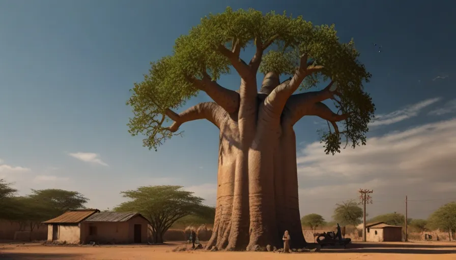 a large bao tree in the middle of a desert