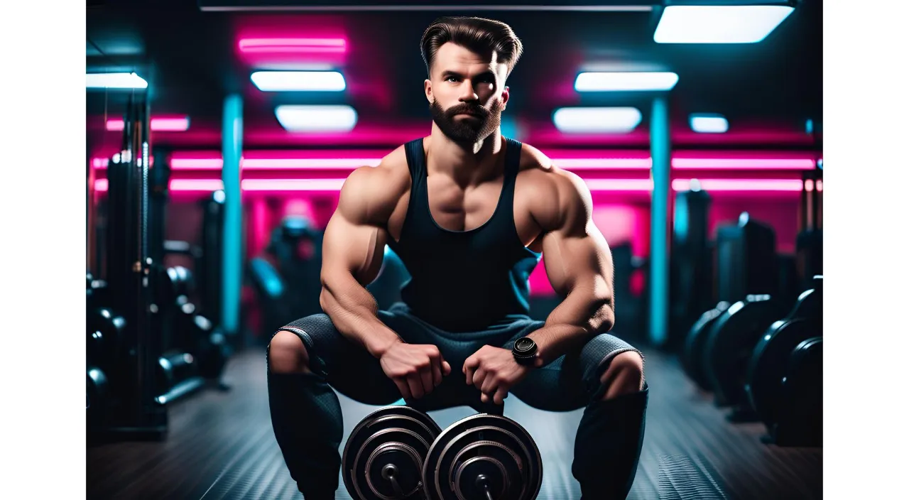 a man with a beard squatting on a bench with a pair of dumbbell