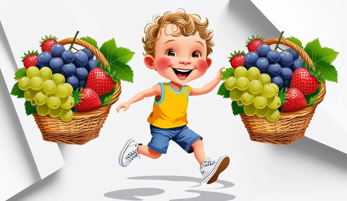 a boy running with a basket of grapes and strawberries