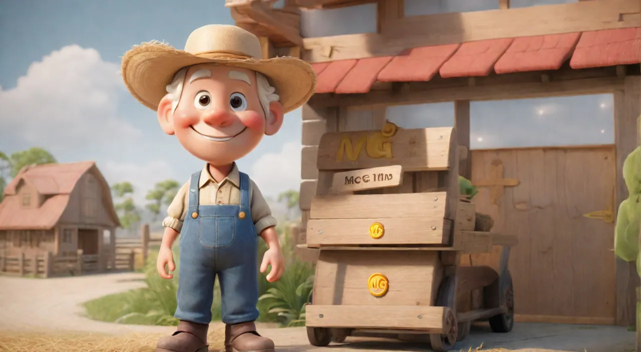 a cartoon character standing in front of a farm