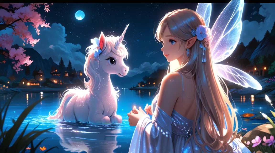 a blue fairy  sitting next to a white unicorn