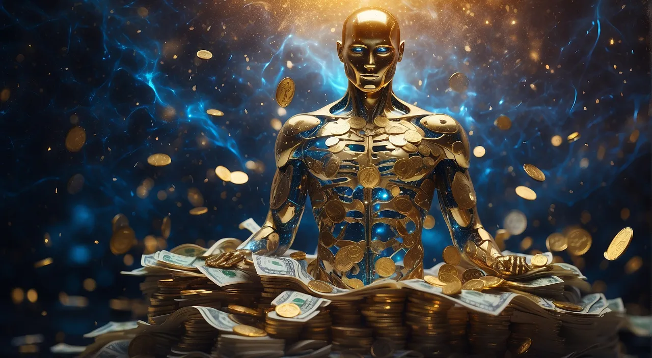 a golden robot sitting on top of stacks of money