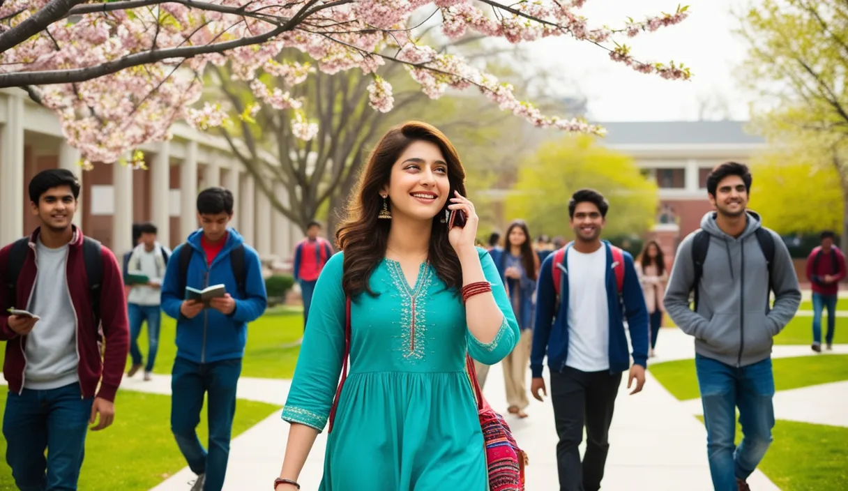 Campus Serenade: On a university campus, a Pakistani girl walking under a blossoming tree, a Bollywood song softly playing from her phone. The 4K wide shot captures students walking by and studying, but her smile and dreamy gaze reveal she is thinking about her boyfriend, who is attending a university in the United States, lost in her own romantic world.