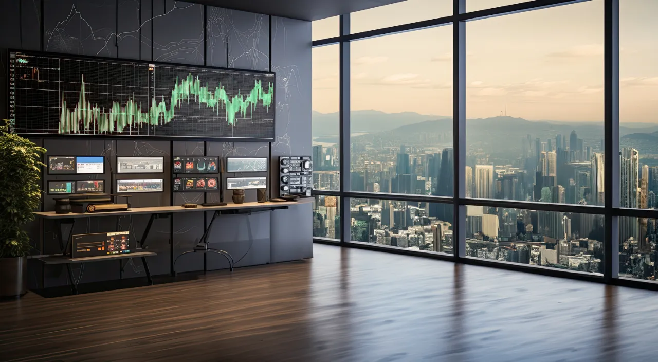 An interior design with floor-to-ceiling windows overlooking a building's architecture and surrounded by stunning wood flooring