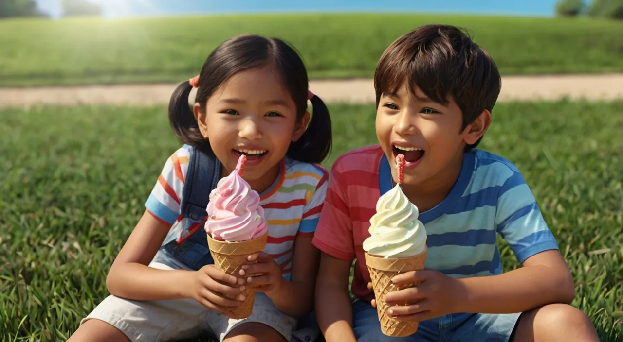 two children sitting in the grass eating ice cream