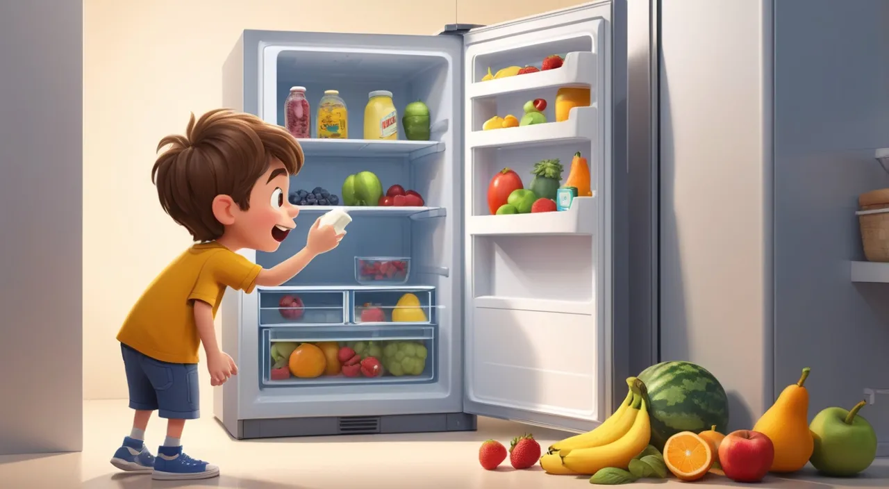 a young boy standing in front of an open refrigerator