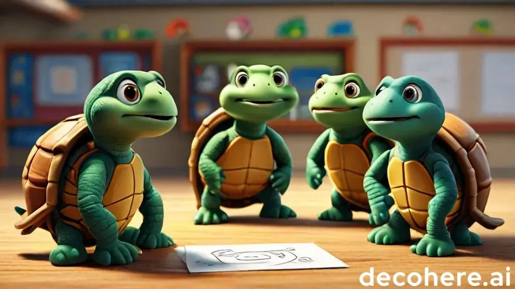 a group of animated little turtles sitting on top of a wooden floor in a classroom