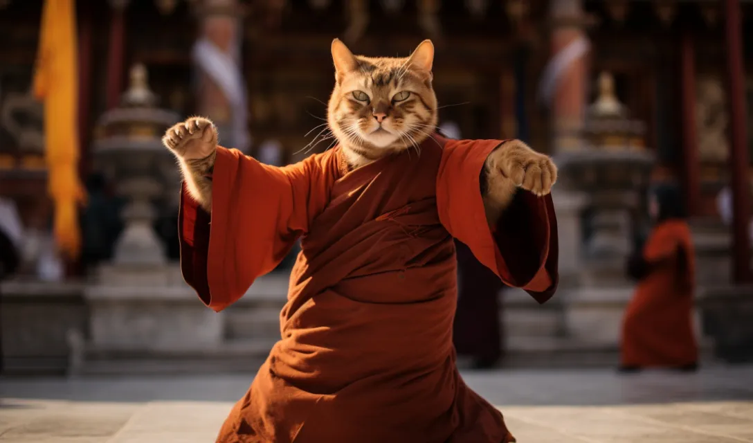 a cat dressed up like a monk dancing