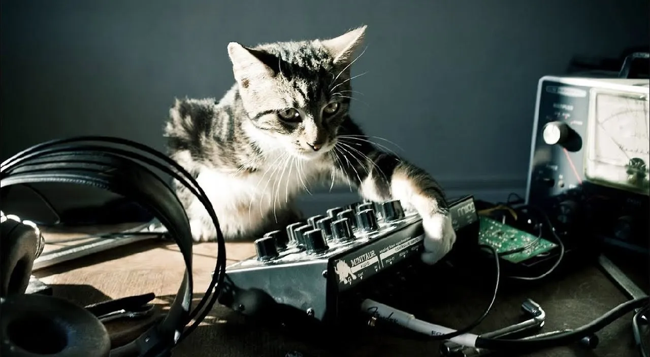 a cat sitting on top of a table next to a radio