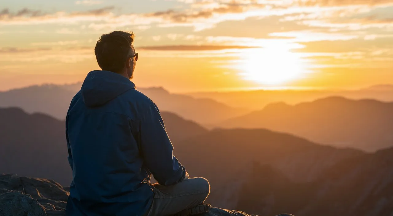 the man watches the sunset with gratitude and serenity, reflecting on his experiences and the lessons learned along the way