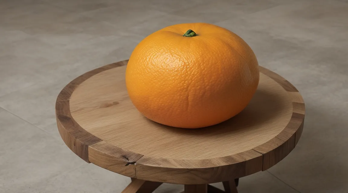 an orange sitting on top of a wooden stool moving slowly. 