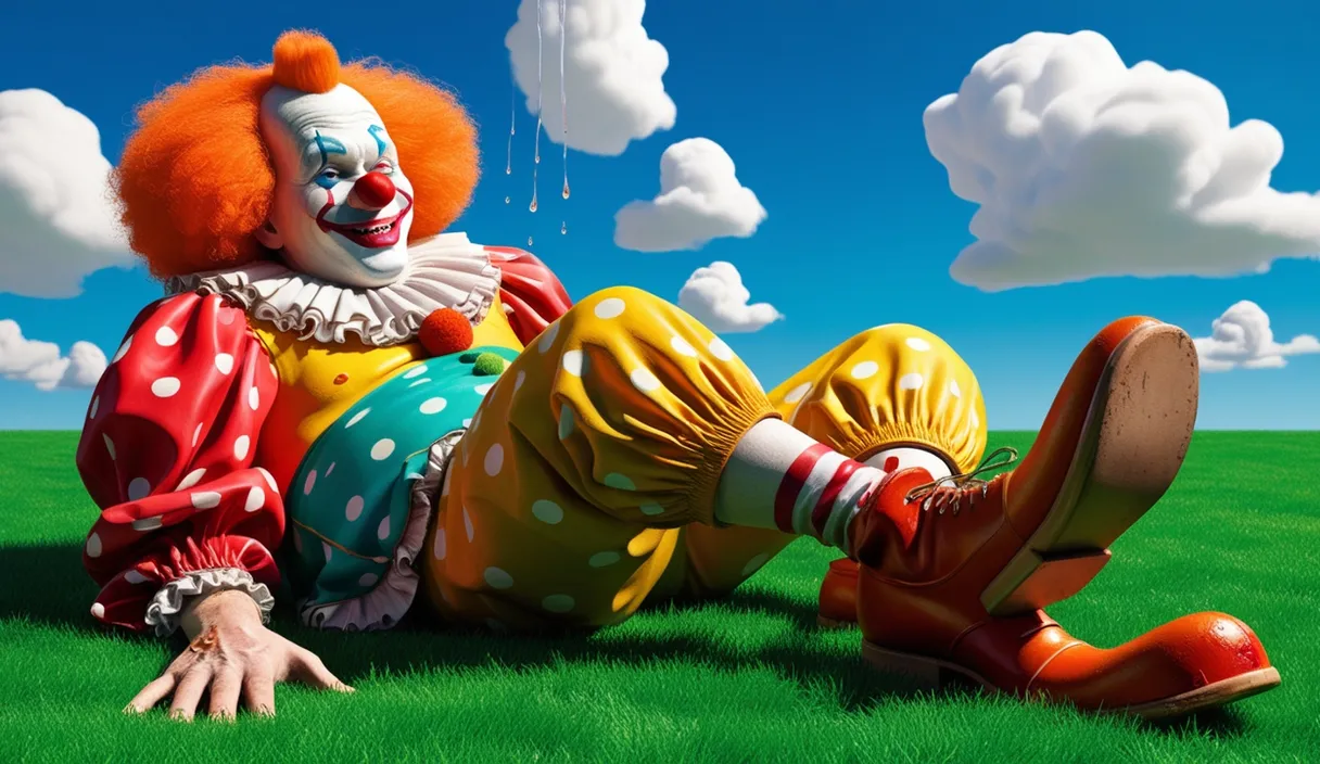 a clown laying on the ground in a field