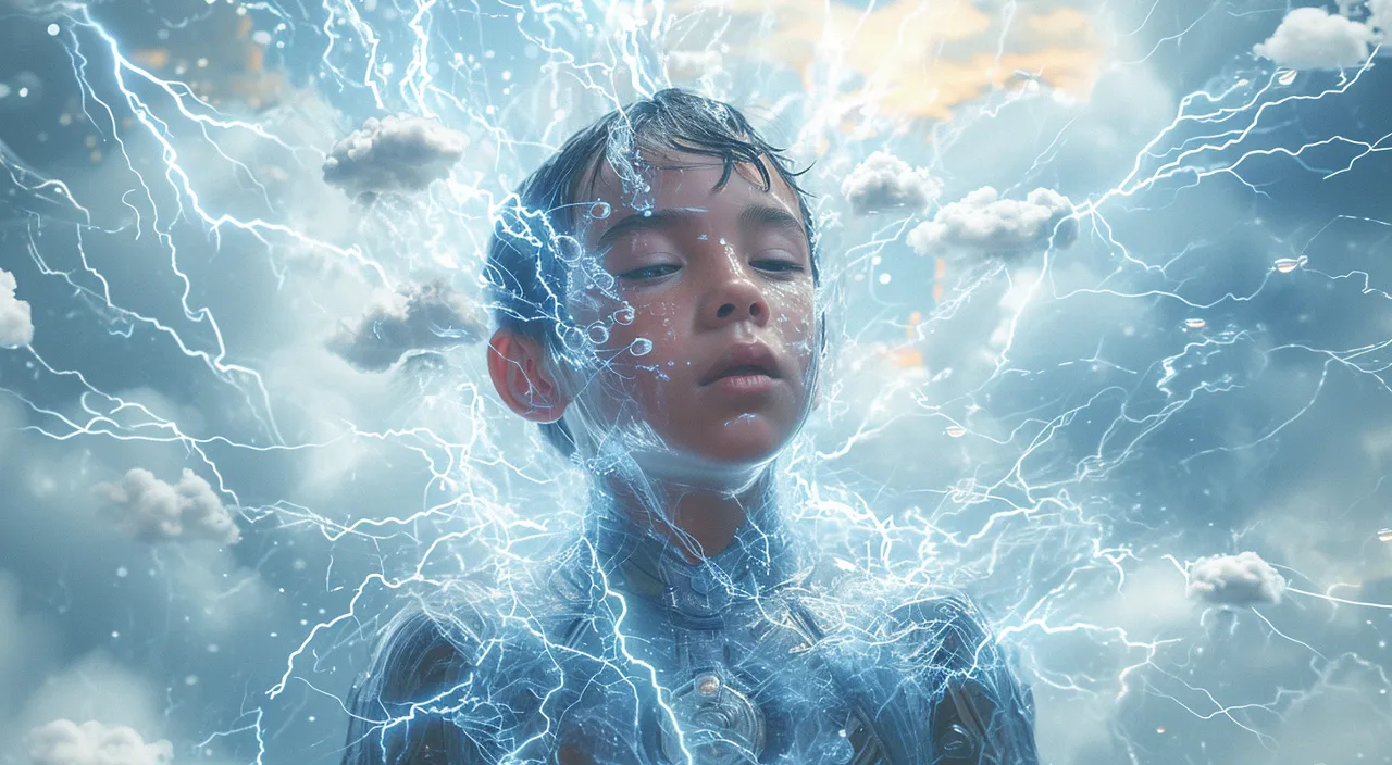 a young boy is surrounded by lightning and clouds