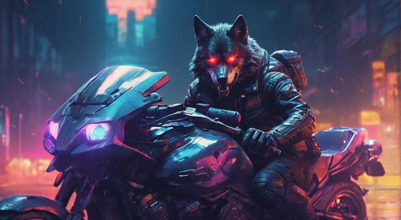 A wolf riding on a motorcycle at midnight with a full moon in the background