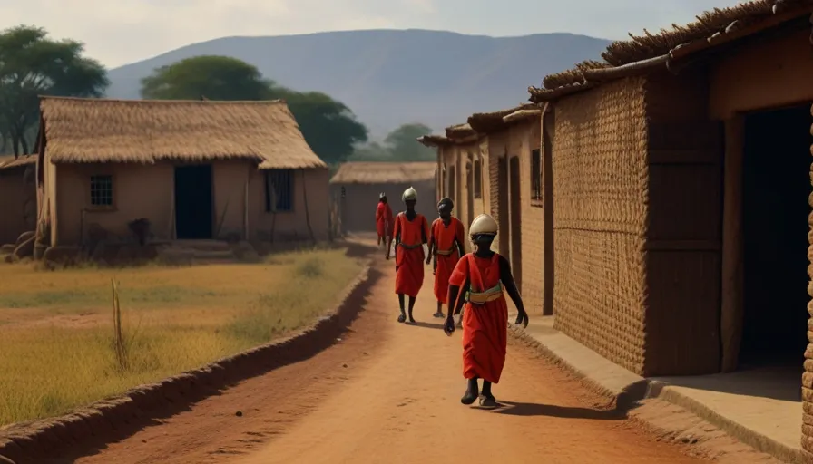 a group of people walking down a dirt road