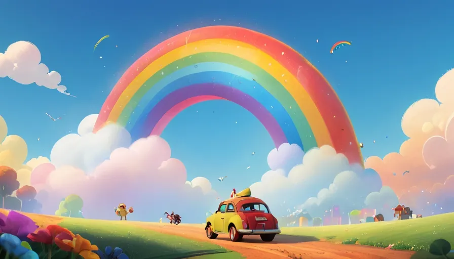 a car driving down a road with a rainbow in the background