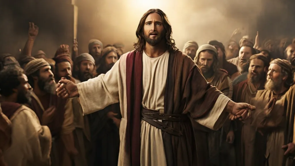 jesus in a crowd with his arms outstretched