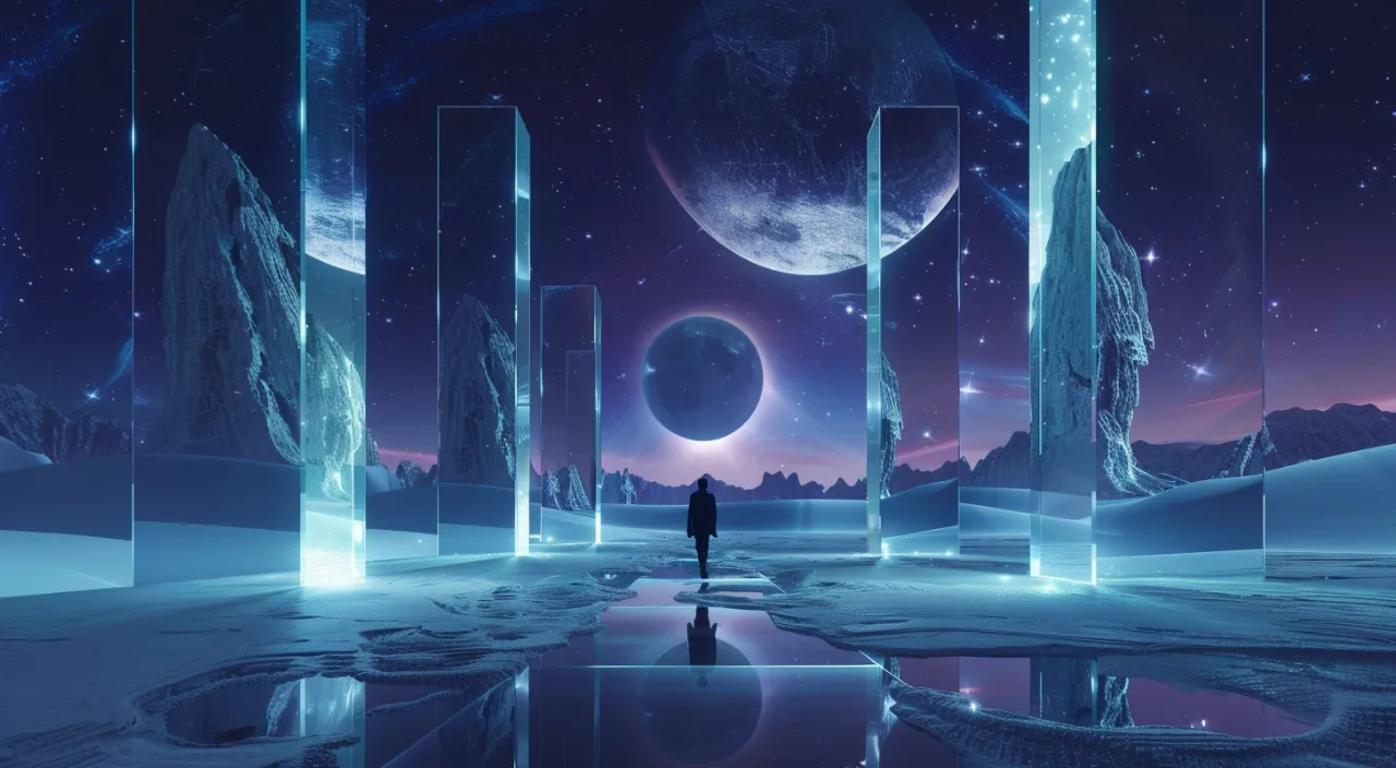 a man is standing in the middle of a space landscape, Saturn, neon , mirror arches to another world , Abstract surreal cosmic, blue and navy, everything Material is transparent glass, Metallic mirror