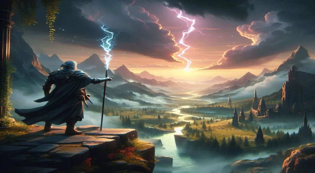 a painting of a wizard standing on a cliff