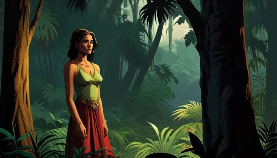 a woman standing in the middle of a jungle