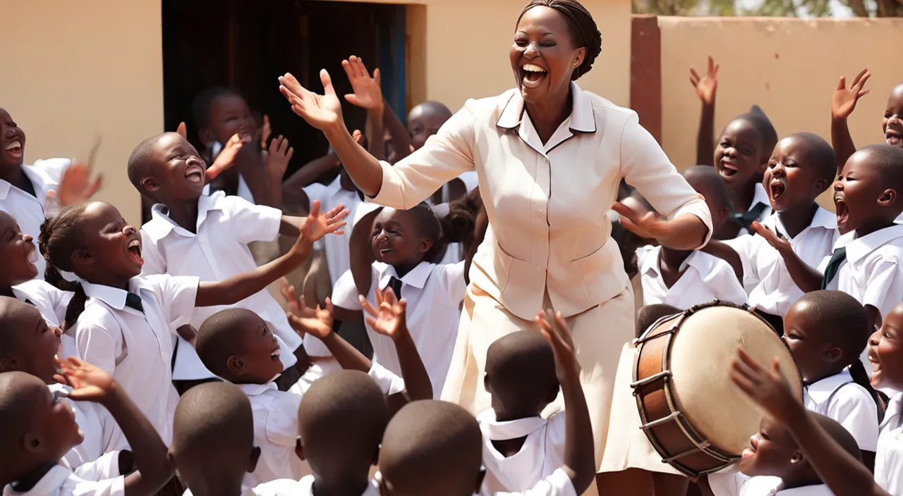 a woman in a white suit and some children