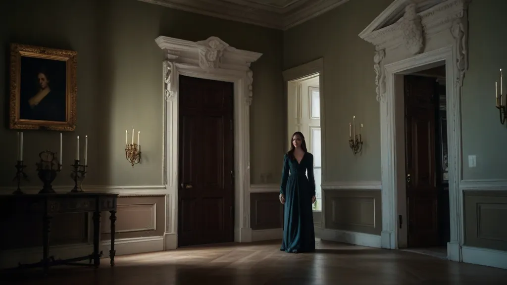 a woman in a long dress standing in a room