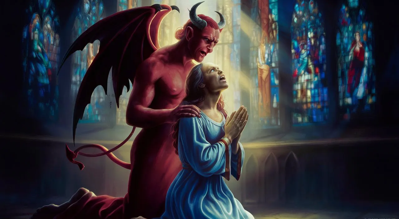 a painting of a demon standing next to a woman