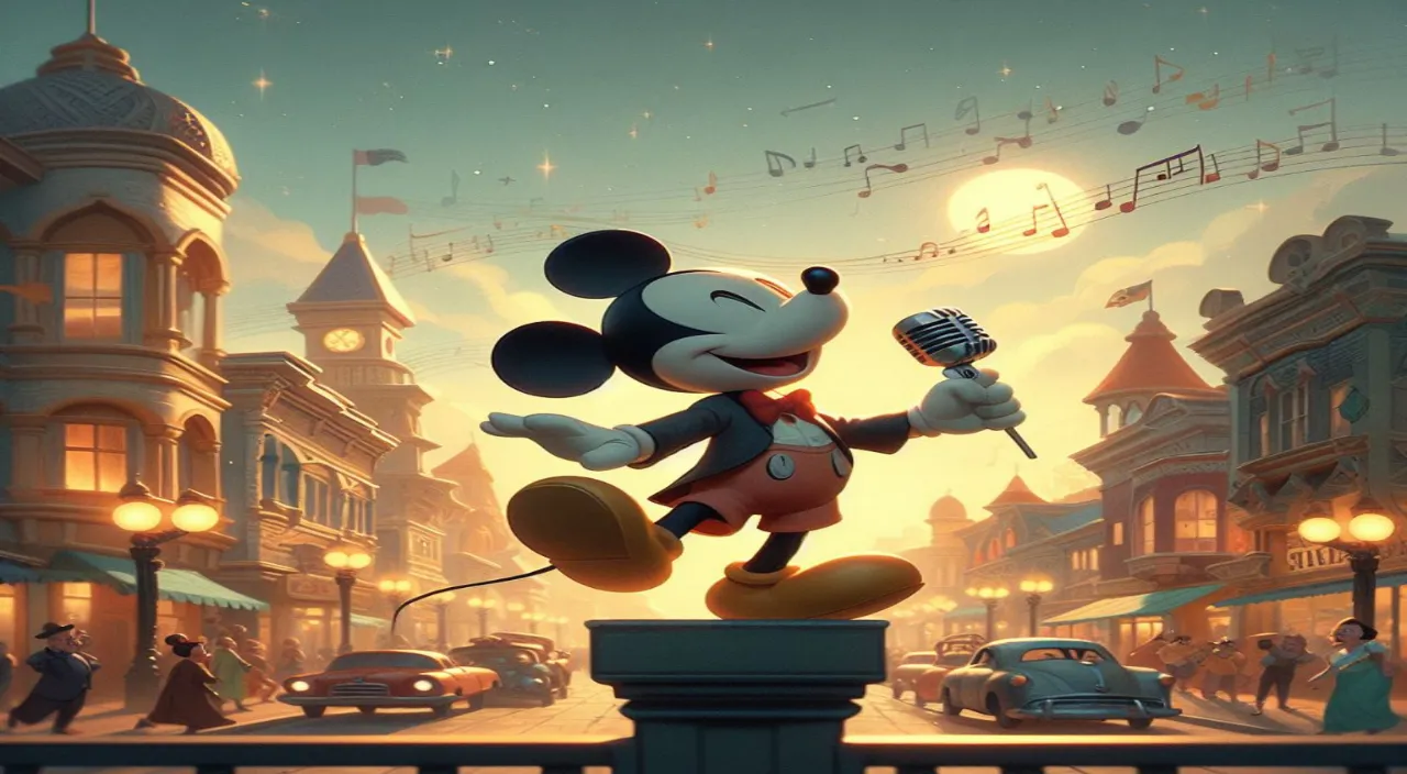 a cartoon mickey mouse with a microphone on a city street