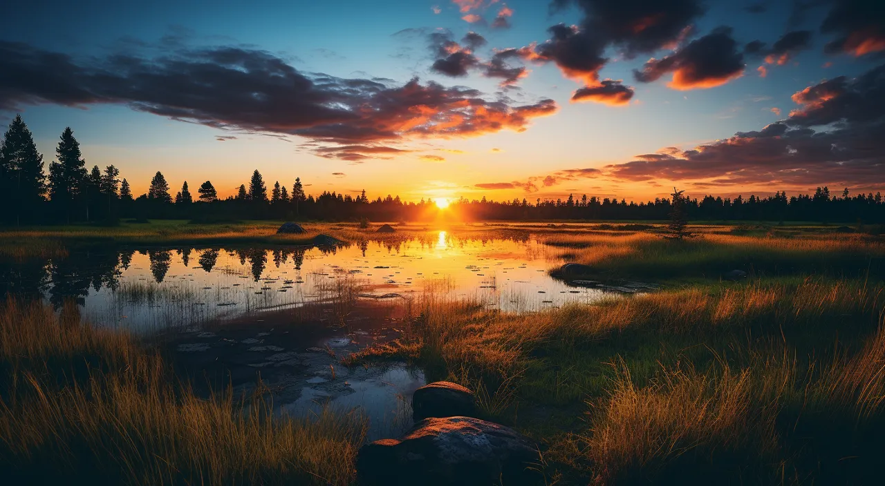 the sun is setting over a small lake